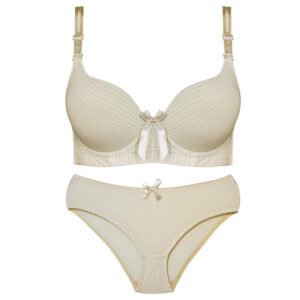 ست شورت و سوتین زنانه پدلی مدل بند متحرک فنردار کد 5131-P130 رنگ کرم چهارخانه