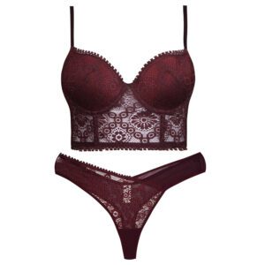 ست شورت و سوتین زنانه برتا مدل فنردار گیپور گلدار کد 5134-6043 رنگ زرشکی