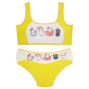 ست شورت و نیم تنه دخترانه ماییلدا مدل پددار گربه و فنجان کد 5164-4 رنگ زرد