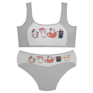 ست شورت و نیم تنه دخترانه ماییلدا مدل پددار گربه و فنجان کد 5164-4 رنگ طوسی