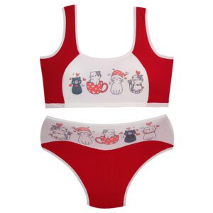 ست شورت و نیم تنه دخترانه ماییلدا مدل پددار گربه و فنجان کد 5164-4 رنگ قرمز