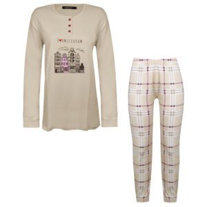 ست بلوز و شلوار زنانه لین مدل نخ پنبه کد 5196-156 رنگ کرم