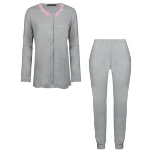 ست شومیز و شلوار زنانه لین مدل نخ پنبه جلو دکمه کد 5196-158 رنگ طوسی