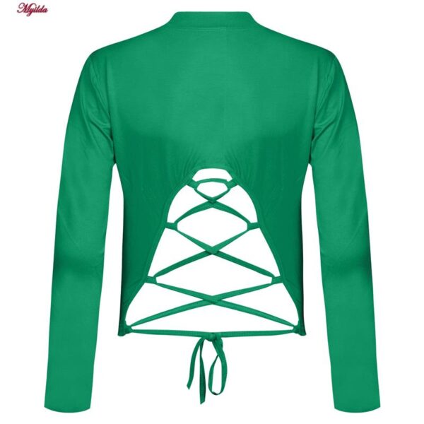 کراپ‌ تی‌شرت آستین بلند زنانه مدل پشت بندی کد 5228-609P رنگ سبز