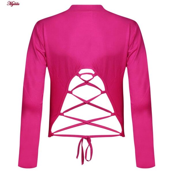 کراپ‌ تی‌شرت آستین بلند زنانه مدل پشت بندی کد 5228-609P رنگ سرخابی