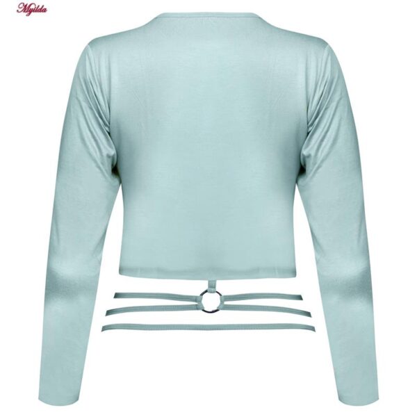 کراپ تی شرت آستین بلند زنانه مدل پشت بندی کد 5224-612P رنگ آبی روشن