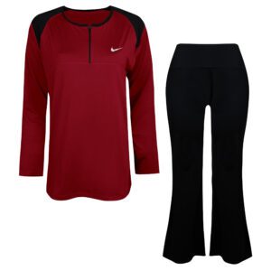 ست تیشرت آستین بلند و شلوار ورزشی زنانه مدل یقه زیپدار کد 5216-685p رنگ زرشکی