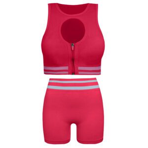 ست نیم تنه و شلوارک ورزشی زنانه ماییلدا مدل زیپ دار پشت چین دار کد 5243-8319 رنگ سرخابی