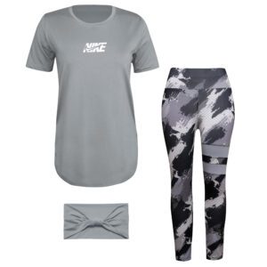 ست تی شرت و شلوار ورزشی زنانه مدل 5231-734p رنگ طوسی به همراه هدبند