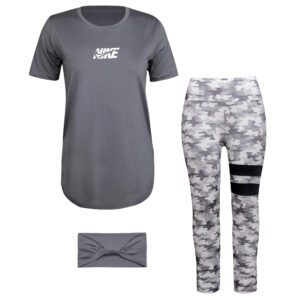 ست تی شرت و شلوار ورزشی زنانه مدل 5231-734p رنگ خاکستری به همراه هدبند