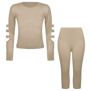 ست تی شرت آستین بلند و شلوارک ورزشی زنانه مدل ریلی کد 5226-696p رنگ کرم