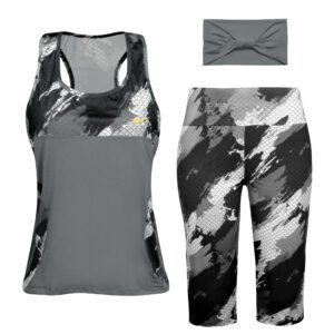 ست تاپ و شلوارک ورزشی زنانه مدل 5215-746P-1 رنگ طوسی به همراه هدبند