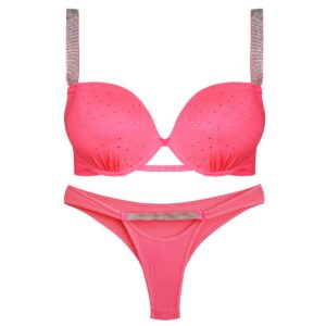 ست شورت و سوتین زنانه ماییلدا مدل پوش آپ فنردار نگینی کد 4640 رنگ صورتی