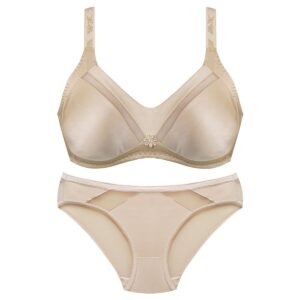 ست شورت و سوتین زنانه پانیذ مدل ساتن وسط توری بدون فنر کد 4648 رنگ کرم