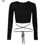 کراپ‌ تی‌شرت آستین بلند زنانه مدل بندی کد 4939-439 رنگ مشکی