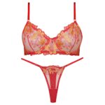 ست شورت و سوتین زنانه فیتن فرخ زادی مدل فنردار گیپور طرح دار کد 4952-4 رنگ قرمز