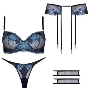 ست شورت و سوتین زنانه برتا مدل فنردار پلنگی کد 5104-4041-BLL رنگ آبی به همراه نگهدارنده جوراب