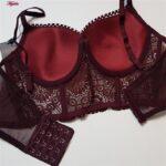 ست شورت و سوتین زنانه برتا مدل فنردار گیپور گلدار کد 5134-6043 رنگ زرشکی