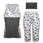 ست تاپ و شلوارک ورزشی زنانه مدل 5215-746P رنگ طوسی به همراه هدبند