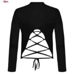 کراپ‌ تی‌شرت آستین بلند زنانه مدل پشت بند ضربدری کد 5228-609P رنگ مشکی