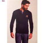 ست تی شرت آستین بلند و شلوار مردانه لین مدل نخ پنبه کد 5197-499 رنگ سرمه ای