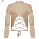 کراپ‌ تی‌شرت آستین بلند زنانه مدل پشت بندی کد 5228-609P رنگ کرم