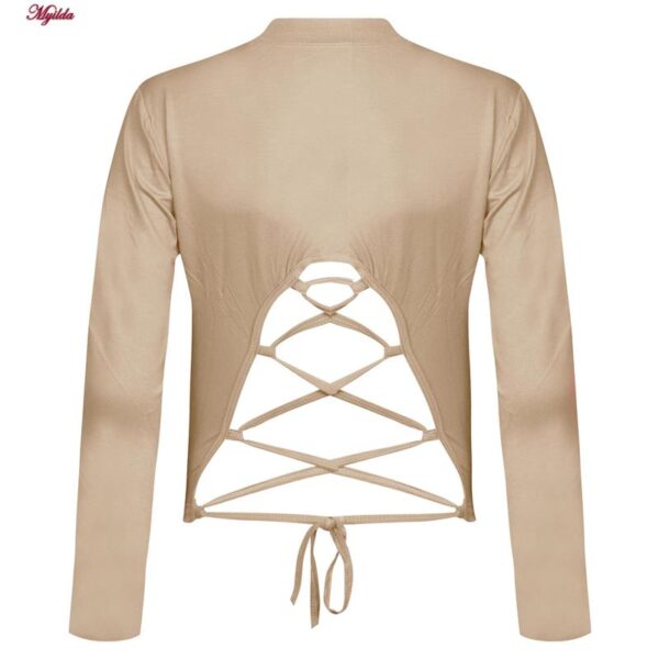 کراپ‌ تی‌شرت آستین بلند زنانه مدل پشت بندی کد 5228-609P رنگ کرم