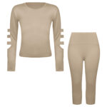 ست تی شرت آستین بلند و شلوارک ورزشی زنانه مدل ریلی کد 5226-696p رنگ کرم